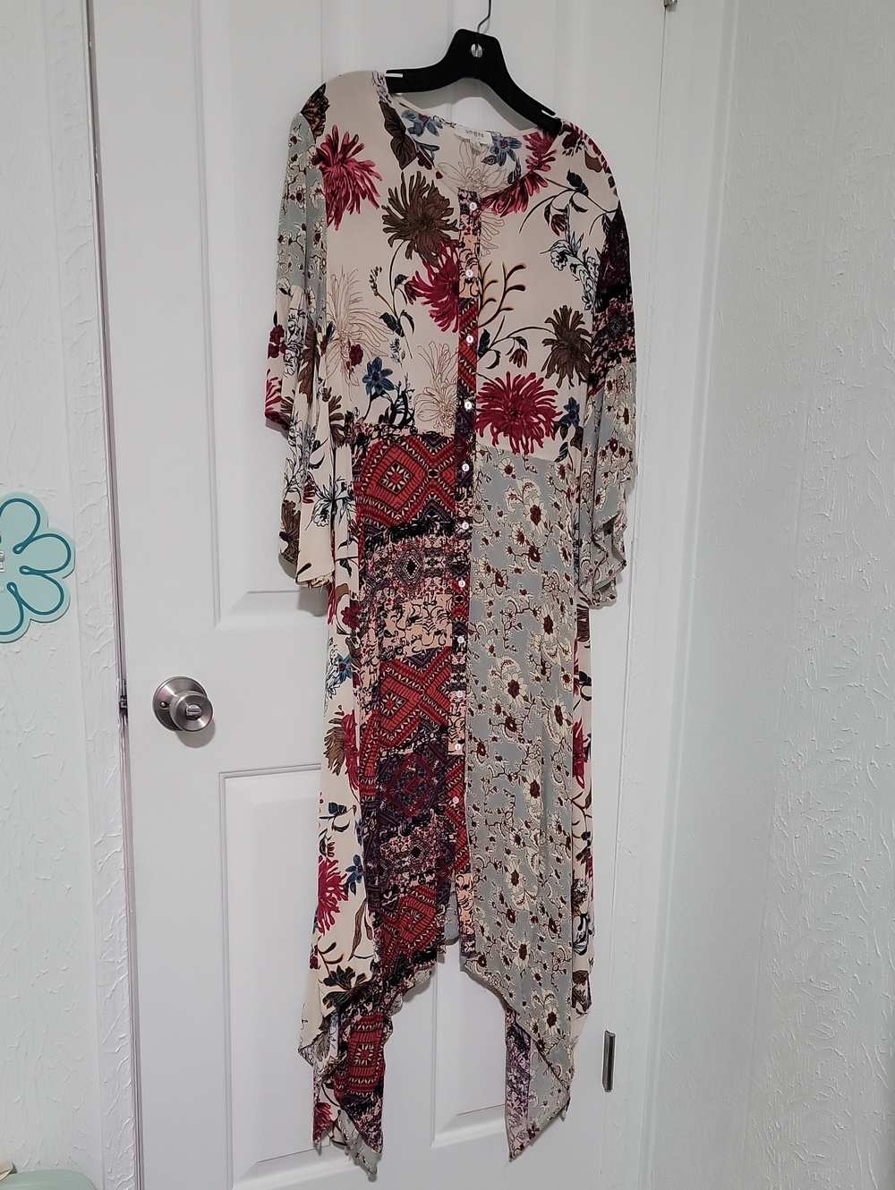 Umgee Boho Floral Patchwork,Geometric, Full Button Front Midi Dress,Size Medium